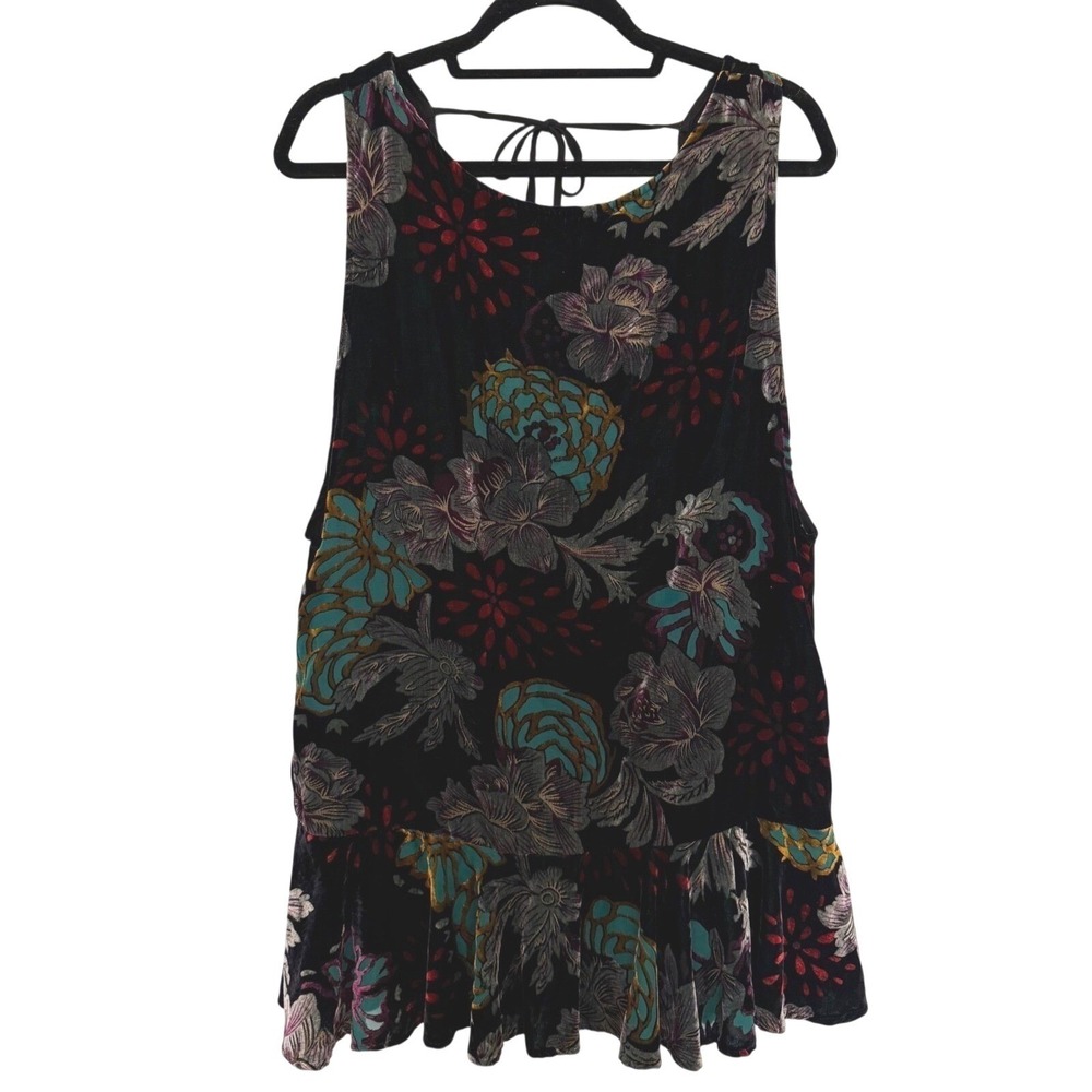 Free People‎ Black Floral Burnout Velvet Peplum Tunic Top Open Tie Back Medium